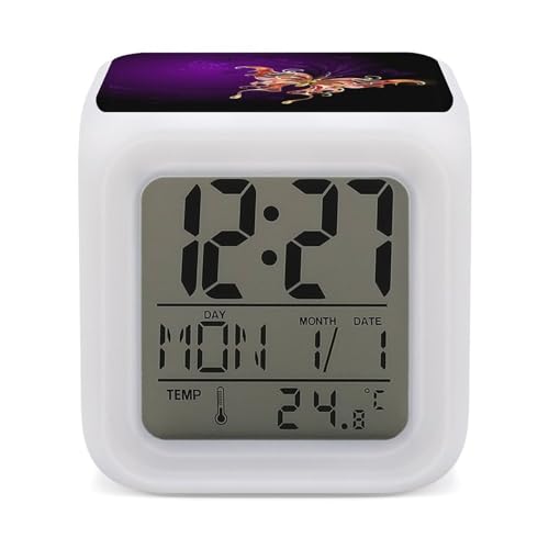 Reloj despertador digital de mariposa dorada en un morado para dormitorio, pantalla LED, alarmas de noche