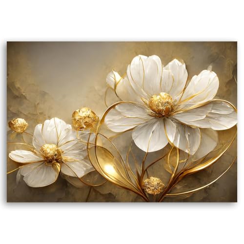 Lienzo en 3D con flores blancas y doradas que aporta luz y elegancia a tu salón