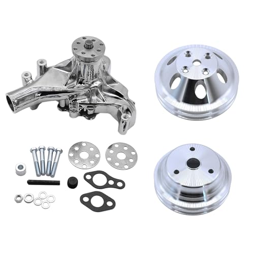 Tiny Force Aluminum High Volume Long Water Pump 2 Grooves Polished Chrome Crankshaft and Water Pump Pulley Compatible with Small Block Chevy SBC 283 302 305 327 350 383 400 V8 LWP