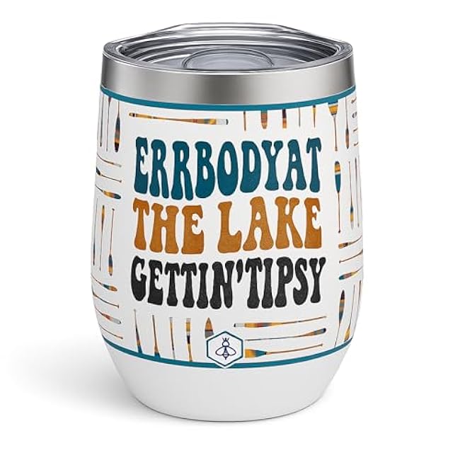 Biddlebee 12oz Insulated Wine Tumbler with Lid ¨C Funny Gift for Women ¨C Spill-Proof Stainless Steel Travel Cup ¨C Birthday or Holiday Gift - Errbody at the Lake Getting Tipsy