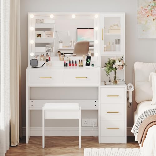 Image of 35.4 inch Makeup Vanity Desk with Charging Station, White Makeup Dressing Table with Mirror & Lights, 3 Lighting Modes Adjustable Brightness, Vanity Table with Power Outlet & 5 Drawers Gold Handle