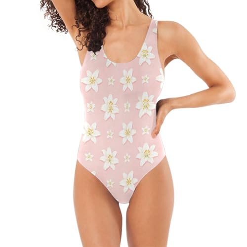 Maillot de bain femme dos en U à motif aquarelle lys blanc