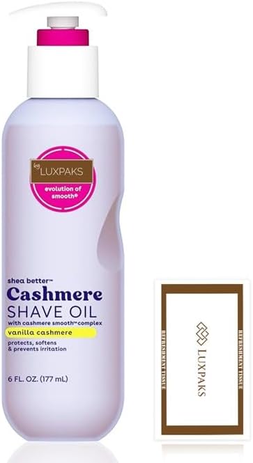 Skincare Set: E.O.S Vanilla Cashmere Shave Oil + LUXPAKS Wipe | Hydrating Shave Oil, Vanilla Cashmere Scent, 177.4 ml, LUXPAKS Cleansing Wipe Included