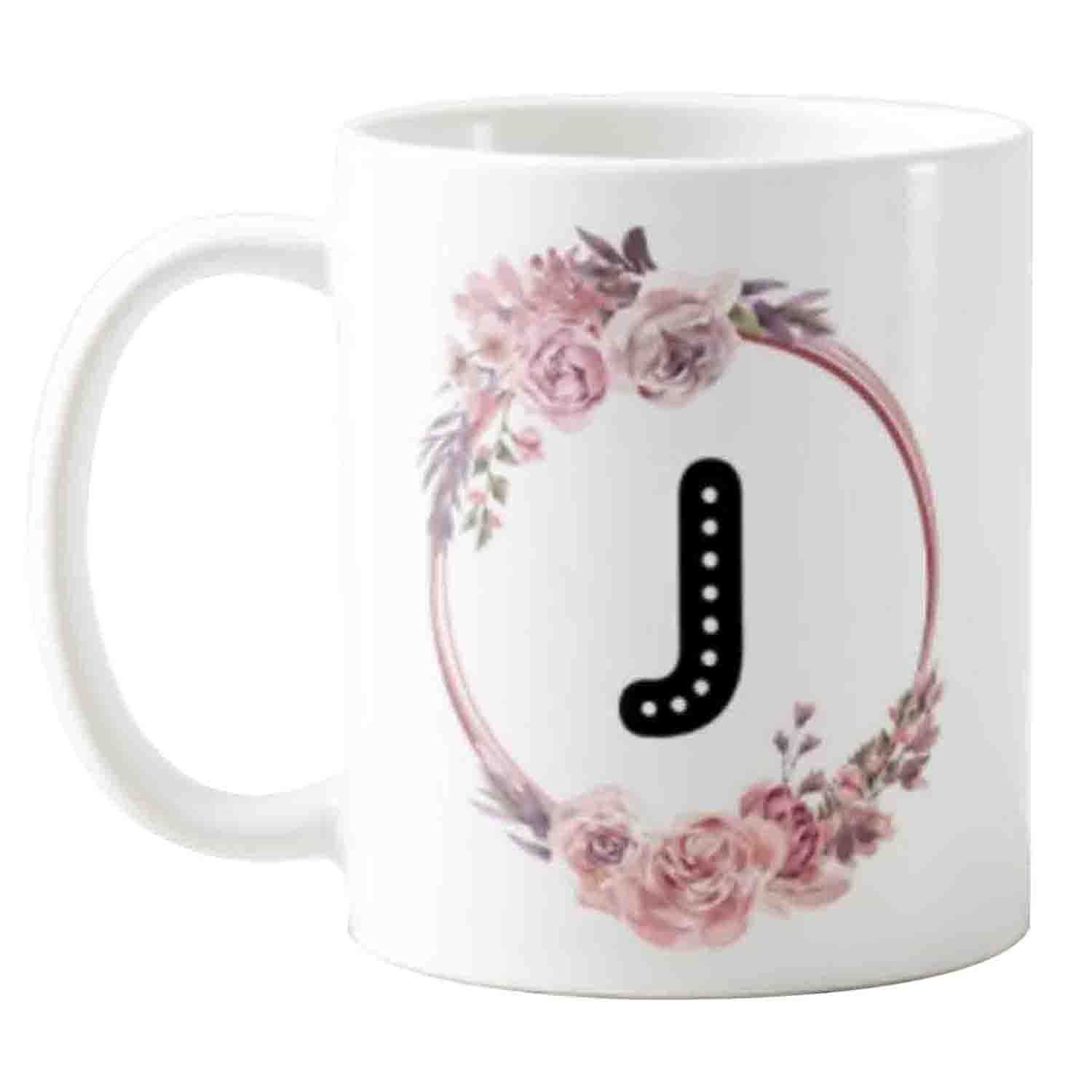 Designer Unicorn Printed Ceramic Coffee Mug Initial Monogram (White) (Letter J)
