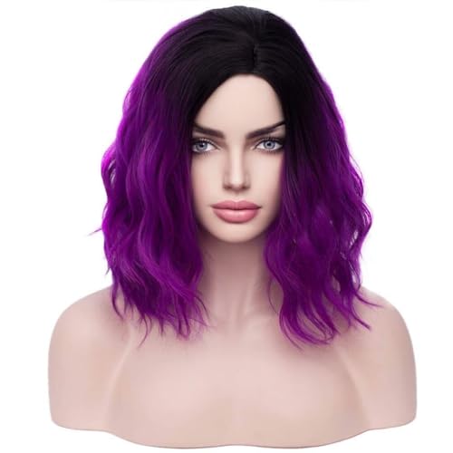 BERON 14 Inches Purple Wig Short Curly Wig Charming Wave Wigs Ombre Purple Bob Wigs for Women Hairnet Include