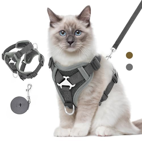 VavoPaw Pettorina per Cani con Guinzaglio da 1,5M, Imbracatura per Gatti Antifuga con Rete Traspirante e Strisce Riflettenti, Gilet Morbido e Regolabile per Cani Gatti, M, Grigio Scuro
