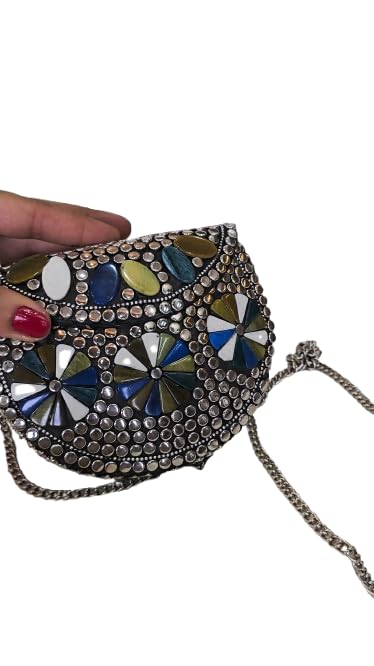Embellished Mosaic Clutch Bag with Silver Chain Strap-image-23