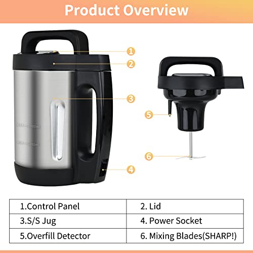 Potlimepan Soup Maker 2 L, Makes 4-6 Servings, Soup Maker Machine with 6 Preset Programs, Electric Soup Machine Automatic Heating and Blending for Pur&eacute;es, Baby Foods, Smoothies, Stainless Steel