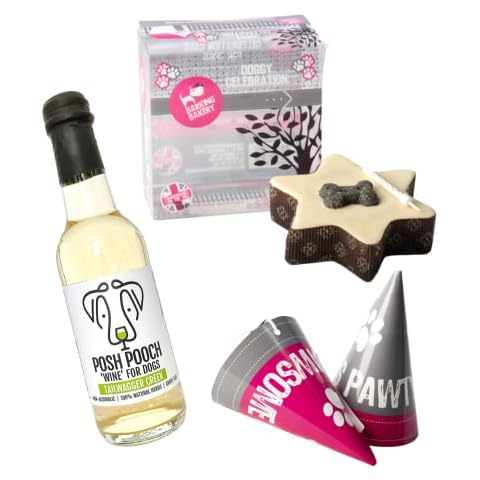 GBP Dog Birthday Treats - Set of Small Star Yoghurt-Topped Dog Cake with Sparkling White Wine for Dogs and Dog Birthday Hat - Ideal Dog Birthday Present for Dogs 1st Birthday Boy Girl Cover