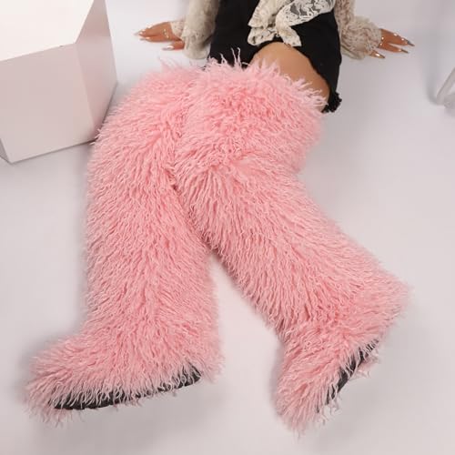 Image of Black Thigh High Fur Boots, Over the Knee Fluffy High Boots, Tall Furry shoes for Women