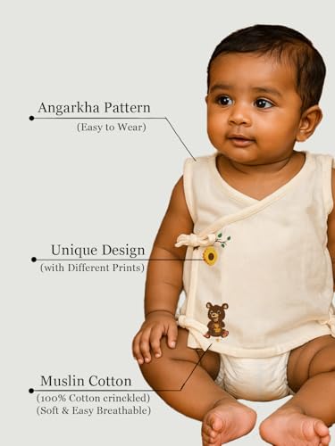 Image of Organic Cotton Muslin Jabla for Babies | Unisex Crinkled Angarka Jhabla | Soft Breathable Baby Product | Ivory Sleeveless Vest | All Season Wear | Pack of 2 | 6-12 Months