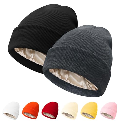 Image of PFFY Womens Satin Lined Beanie Silk Lining Winter Hats Beanies for Women | Silk Feeling Lining, Soft Slouchy Beanie Hat, Protect Hair Reduce Frizz, Winter Hat for Cold Weather, Essential for Outdoor