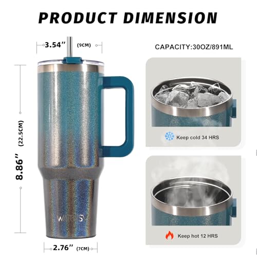 Image of 30 oz Shiny Tumbler with Handle and Straw,Stainless Steel Tumbler with Lid and Straw,Insulated Travel Mug(Cold for 34 Hours),Water Bottle for Iced Tea,Coffee (Black Blue)