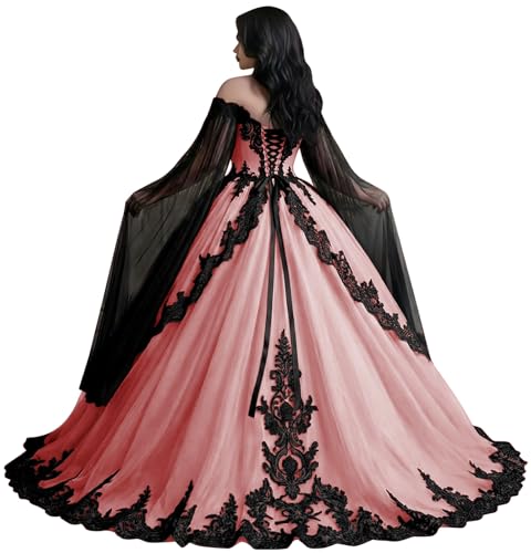 KPYURC Black and Dusty Pink Gothic Wedding Dresses for Bride Off Shoulder