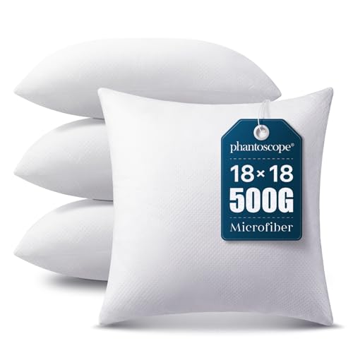Phantoscope Pillow Inserts, Hypoallergenic 100% Virgin Fiber Square Form Microfiber Throw Pillow Inserts, Couch Bed Pillows 45x45 cm, 18x18 Inch (Pack of 4)