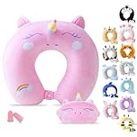 Cirorld Travel Pillow for Kids Adult Cute Neck Pillow for Traveling Memory Foam Airplane Pillow Sleep Mask Animal Flight Pillow Head Rest Neck Support for Cars Long Flights (Pink, 9-12 Y/O)