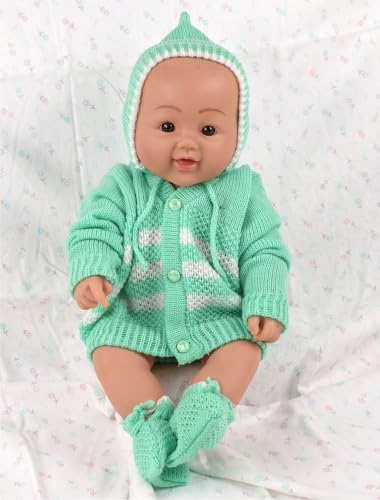 Image of Infants Woollen Sweater Set for Babies with Cap and Socks, Green, Long Sleeve, V-Neck, 3 to 6 Months, 3 Pcs Set
