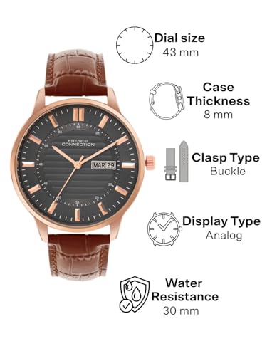 Image of French Connection Textured Grey Round Dial with Brown Leather Strap Watch - for Mens FCN0123BRL