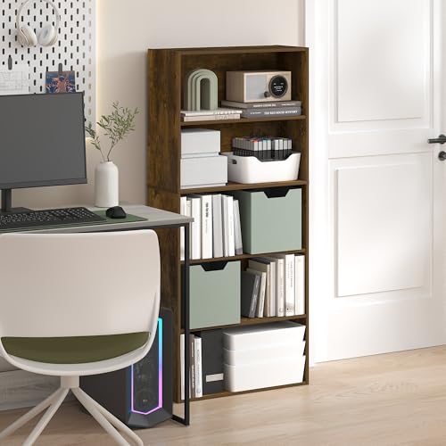 Image of Furinno Jaya Book Shelf, 5-Tier Bookshelf, 52 Inch Tall Standing Bookcase with Adjustable Shelf, 9.5 x 23.6 x 52.6, for Home Office, Bedroom, Living Room, Amber Pine