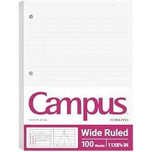 Kokuyo Filler Papers, 8-1/4"x11, Wide Ruled 3 Hole Punched Loose Leaf Paper, 100 Sheets Bleed Resistance Notebook Paper, Japanese Smooth Lined Paper for 3 Ring Binders School Supplies