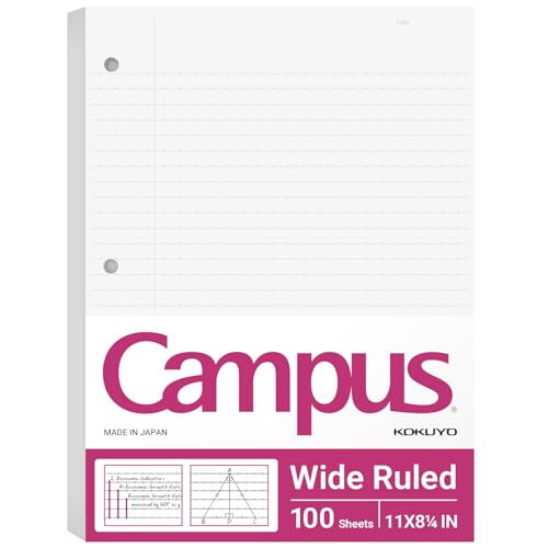 Kokuyo Campus Loose Leaf Paper for 3 Ring Binders, 8-1/4x11”, Wide Ruled Notebook Paper, 100 Sheets, Japanese Smooth Paper Prevents Ink Bleeding, School Suppliers, Made in Japan (WSG-NO-887G3)