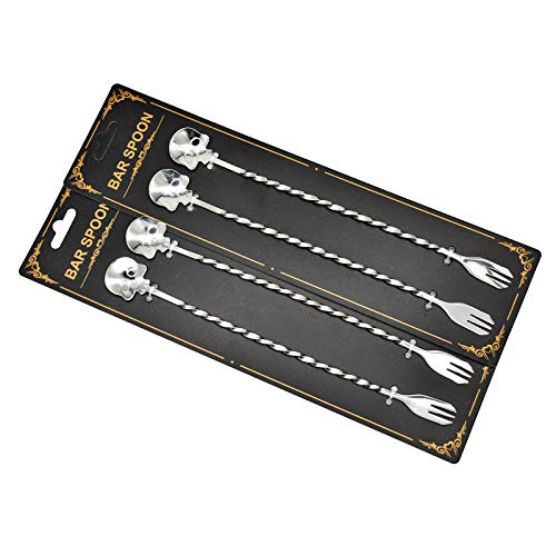 Maydahui 4Pcs Skull Swizzle Stick Bar Spoon Spiral Pattern Cocktail Shaker Spork 9.8 Inch 18/10（304) Stainless Steel Fruit Fork Reusable Stirrer Stir Bartender Tool For Halloween #TOP2