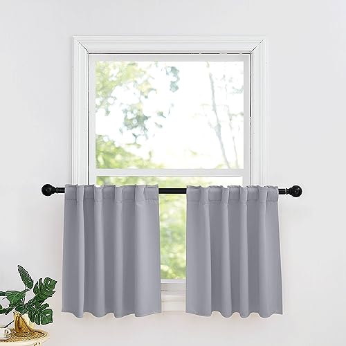 Image of RYB HOME Kitchen Window Curtains - Blackout Privacy Half Window Curtains for Bedroom Bathroom Dining Living Room Cafe Office Short Tiers Drapes, W 34 x L 36 inches, 2 Panels, Silver Grey