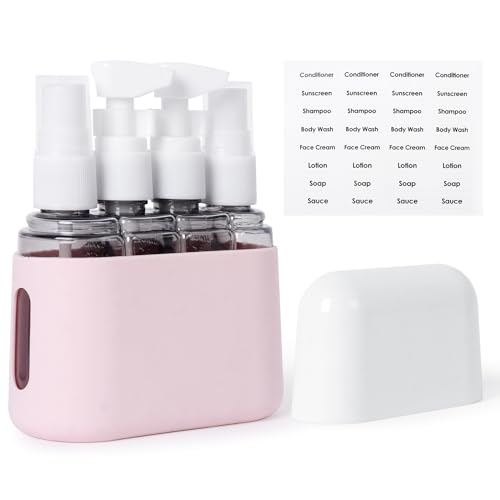 Niuoppy 4 in 1 Travel Bottles for Toiletries, 50 ML Squeeze Bottles Spray Bottles with Labels and Storage Box, Travel Bottles Set for Toiletries, Shampoo, Cosmetic, Shower Gel (Light Pink)