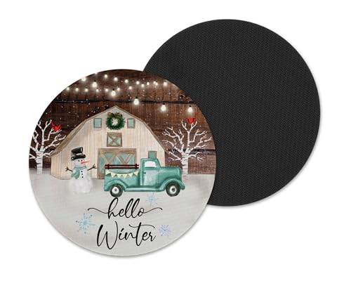 Hello Winter Vintage Pickup Truck Snowman Barn Coasters for Drinks