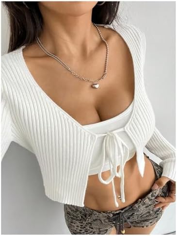 WDIRARA Women's Tie Front Rib Knit Crop Cardigan Long Sleeve