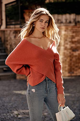 Kirundo 2023 Fall Winter Women's Long Sleeve Cross Wrap V Neck Knit Sweater Off Shoulder Backless Casual Pullover Tops(Rust Red, Medium) #TOP3