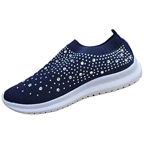 Dimleen Womens Rhinestones Glitter Fashion Mesh Walking Shoe Breathable Slip-on Loafers Non-Slip Orthopedic Arch Support Sock Sneaker (Blue,9,Women,9)