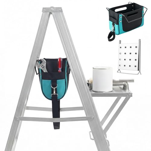 Fiwochic 2 Pack Ladder Accessory Set, Heavy Duty Ladder Platform Tray + Tool Holder Bag, Ladders Shelf Stand System for Paint Bucket & Tools, Fits A-Frame/Extension Ladders