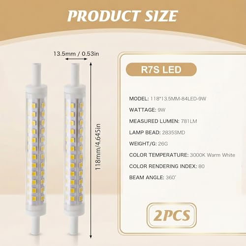 Maltvie 2 Pack R7S LED Bulb 118mm Dimmable 9W – 3000K Warm White J118 Linear Halogen Bulb Replacement – Light for Floor Lamps, Floodlights & Security Lighting [Energy Class A]