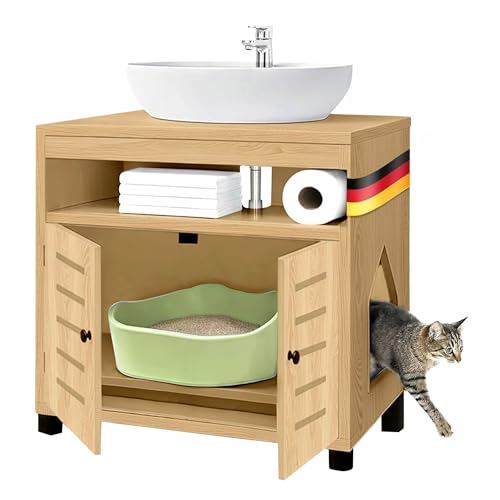EASECAT Katzenschrank für Katzenklo – Stilvoller Waschbeckenunterschrank/Katzenmöbel mit flexiblem Einstieg (Links/rechts) – Versteckt Katzentoilette, Katzenhaus – Braun, 60 × 44 × 60 cm (Braun)