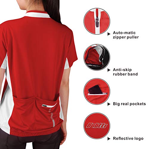 bpbtti Camisa feminina de manga curta com meio zíper e 3 bolsos reais, Vermelho/branco., P