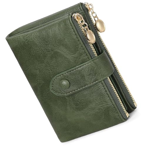 Small Wallets for Women Leather RFID Blocking Bifold Double Zipper Pockets Wallet Card Case Purse with 2 ID Windows