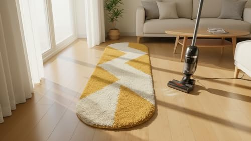 Image of Fluffy Silky Micro Fiber Polyster Carpet /Runner for Bedroom, Study Room, Playing Room, Guest Room ETC. 2x5 Feet, (Yellow and Ivory Chevron Pattern)