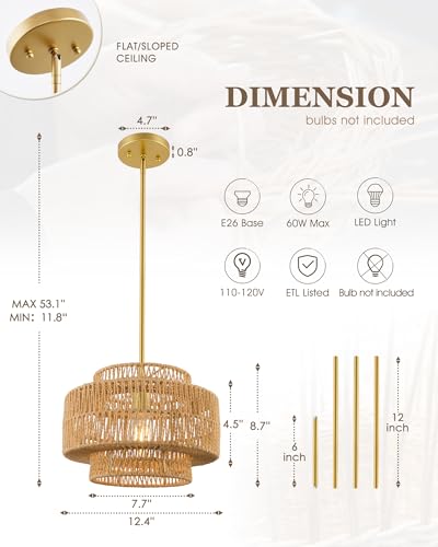 Image of 12.5 inch Gold Boho Rattan Chandelier, 3-Tier Hand Woven Shade