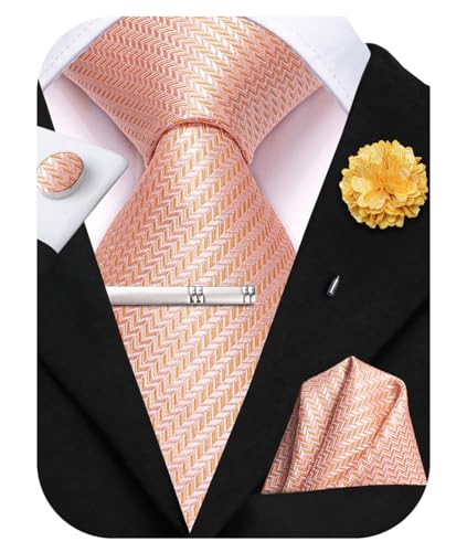 Image of Hi-Tie Light Orange Solid Men's Silk Ties Woven Classic Necktie and Pocket Square Lapel Pin Silver Tie Clip Cufflinks Set Wedding Business 6PCS
