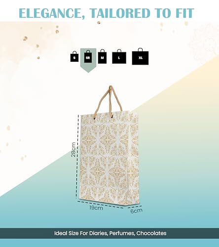 Image of Creative Art White & Gold Paper Gift Bags Rectangle (Pack of 10) - Strong Kraft Paper, Elegant Design, Reusable & Recyclable, Ideal for Return Gifts, Baby Shower, Wedding & Party Gift Packing