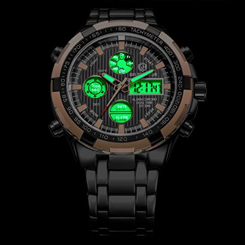GOLDEN HOUR Luxury Stainless Steel Analog Digital Watches for Men Male Outdoor Sport Waterproof Big Heavy Wristwatch