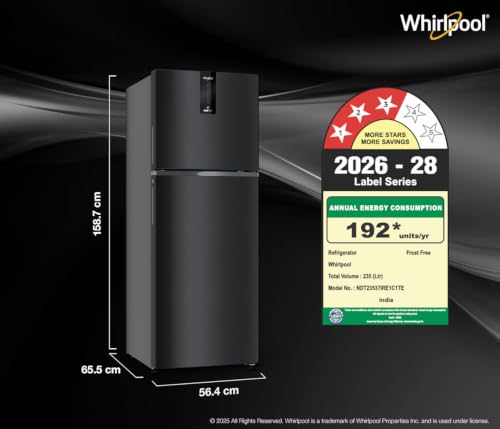 Image of Whirlpool 235 L 3 Star Frost-free inverter Double Door Refrigerator (IF INV 278 LUNAR BLACK(3S) CONV-Y, 2026 Model)