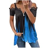 Damen Kurzarm Tops, Tunika Damen Große Größen Bluse Oberteile Damen Longshirt Damen Oberteile Schulterfrei Tshirt Kurzarm Shirt Damen V Ausschnitt Kurzarm Sommer Casual Farbblock T Shirt Top Bluse elegant Abstufung Ärmellos U Hals Shirt mit Knöpfe Oberteile Sommer Lose Casual Pullover Bluse Tshirt Tank Top Damen Langarm Lose Bluse Hemd Shirt Oversize Oberteil Tops