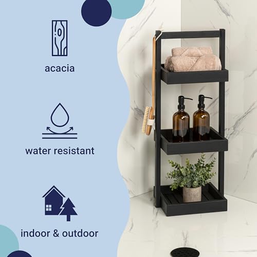 happimess Tilly 30" 3-Tier Acacia Freestanding Shower Caddy, Black by happimess - Used condition - Image 3
