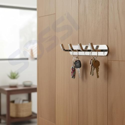 Image of SOSSI 4-Pin Cloth Hanger, Wall Mounted Hooks Rail with 4 Hooks for Bathroom, Key Holder, Cloth-Towel Hanger, Robe Hook (Pack of 3) (Chrome)