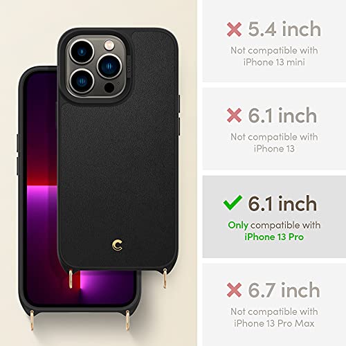 Image of Spigen Cyrill Classic Charm | iPhone 13 Pro Case | Crossbody Lanyard Strap iPhone 13 Pro Back Cover | Faux Leather+TPU+PC - Black