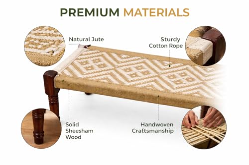 Image of Handwoven Wooden Bench | Traditional Rope Charpai Stool | Solid Wood Frame Seating for Living Room, Balcony & Outdoor | Durable & Stylish Design (White with Jute)