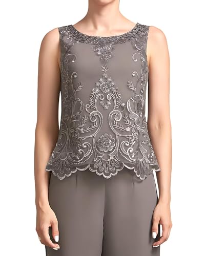 3 Pieces Mother of The Bride Pant Suits for Women Chiffon Lace Applique 3/4 Sleeve Wedding Guest Outfits with Jacket3