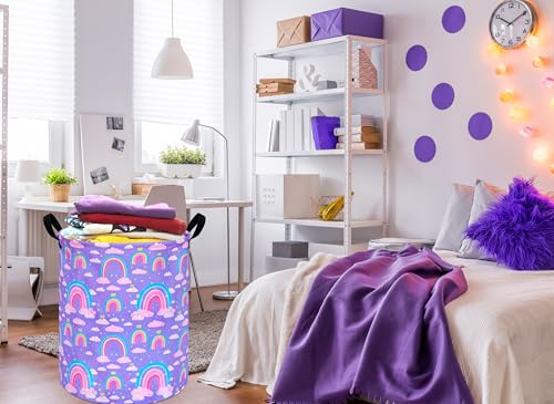 Image of Collapsible Kids Laundry Basket Clothes Hamper, Foldable Storage Organizer Bin, Toy Clothes Storage with Handles for Boys Girls Bedroom, Room Decor Purple Rainbown